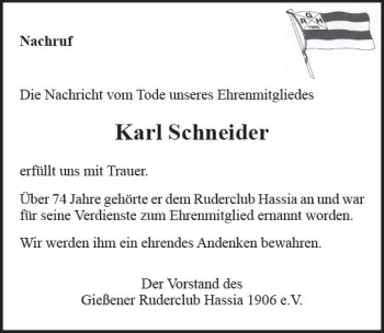 Traueranzeige von Karl Schneider von  Gießener Anzeiger
