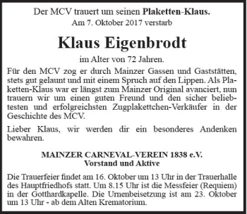 Traueranzeige von Klaus Eigenbrodt von Trauerportal Rhein Main Presse