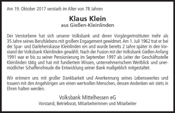 Traueranzeige von Klaus Klein von  Gießener Anzeiger