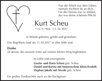 Traueranzeige von Kurt Scheu von Trauerportal Rhein Main Presse