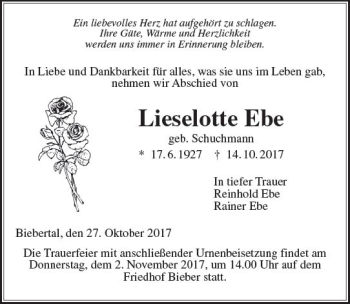 Traueranzeige von Lieselotte Ebe von  Gießener Anzeiger