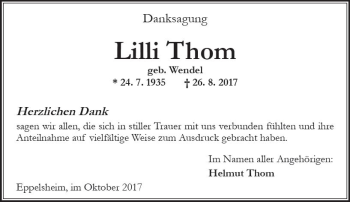 Traueranzeige von Lilli Thom von Trauerportal Rhein Main Presse