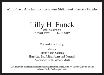 Traueranzeige von Lilly H. Funck von Trauerportal Echo Online