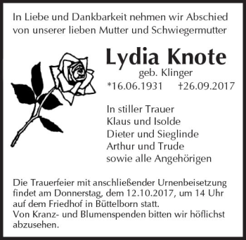 Traueranzeige von Lydia Knote von Trauerportal Echo Online