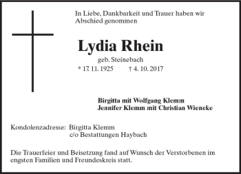Traueranzeige von Lydia Rhein von Trauerportal Rhein Main Presse
