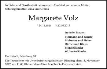 Traueranzeige von Margarete Volz von Trauerportal Echo Online