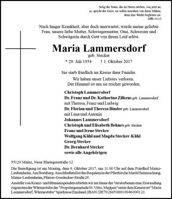 Traueranzeige von Maria Lammersdorf von Trauerportal Rhein Main Presse