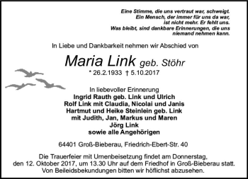 Traueranzeige von Maria Link von Trauerportal Echo Online