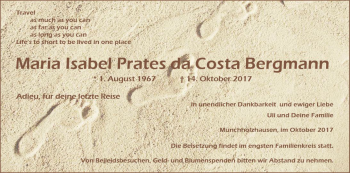 Traueranzeige von Maria Isabel  Prates da Costa Bergmann von  Gießener Anzeiger