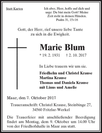 Traueranzeige von Marie Blum von VRM Trauer