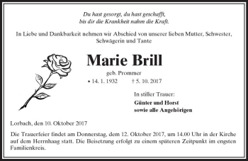 Traueranzeige von Marie Brill von  Kreisanzeiger