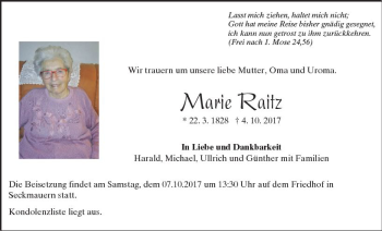 Traueranzeige von Marie Raitz von Trauerportal Echo Online