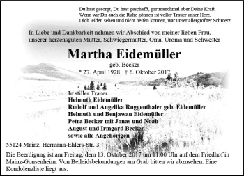 Traueranzeige von Martha Eidemüller von Trauerportal Rhein Main Presse
