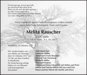 Traueranzeige von Melita Rauscher von Trauerportal Rhein Main Presse