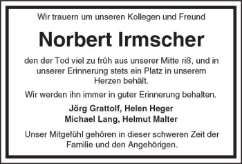 Traueranzeige von Norbert Irmscher von Trauerportal Echo Online