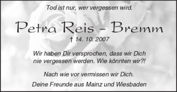 Traueranzeige von Petra Reis-Bremm von Trauerportal Rhein Main Presse