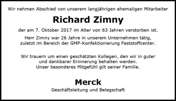 Traueranzeige von Richard Zimny von Trauerportal Echo Online