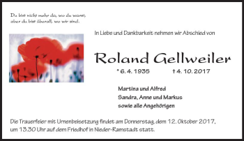Traueranzeige von Roland Gellweiler von Trauerportal Echo Online