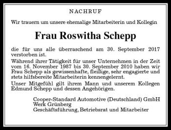 Traueranzeige von Roswitha Schepp von  Gießener Anzeiger