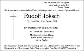 Traueranzeige von Rudolf Joksch von Trauerportal Rhein Main Presse