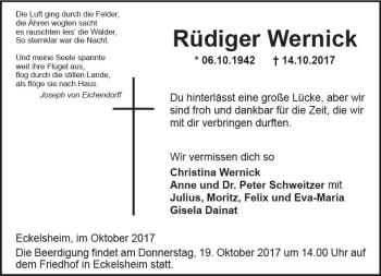 Traueranzeige von Rüdiger Wernick von Trauerportal Rhein Main Presse