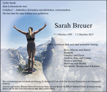 Traueranzeige von Sarah Breuer von Trauerportal Rhein Main Presse