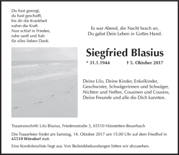 Traueranzeige von Siegfried Blasius von Trauerportal Rhein Main Presse