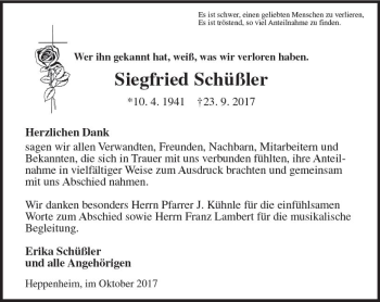 Traueranzeige von Siegfried Schüßler von Trauerportal Echo Online