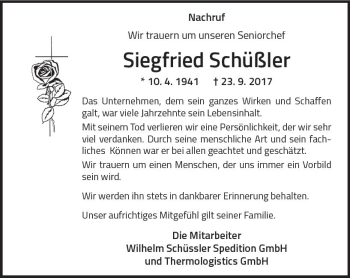 Traueranzeige von Siegfried Schüßler von Trauerportal Echo Online
