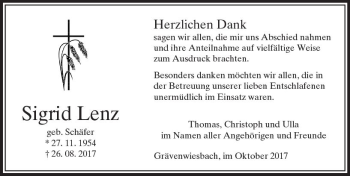 Traueranzeige von Sigrid Lenz von  Usinger Anzeiger