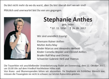 Traueranzeige von Stephanie Anthes von Trauerportal Rhein Main Presse