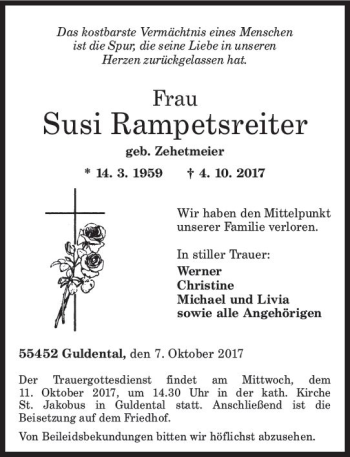 Traueranzeige von Susi Rampetsreiter von Trauerportal Rhein Main Presse