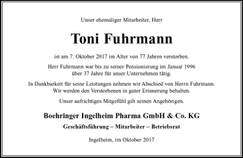 Traueranzeige von Toni Fuhrmann von Trauerportal Rhein Main Presse