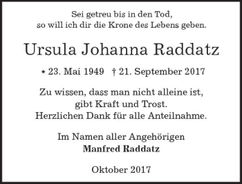 Traueranzeige von Ursula Johanna Raddatz von Trauerportal Echo Online