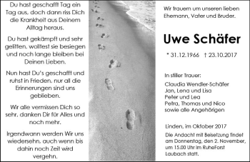 Traueranzeige von Uwe Schäfer von  Gießener Anzeiger