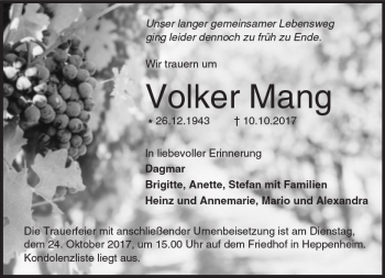 Traueranzeige von Volker Mang von Trauerportal Echo Online