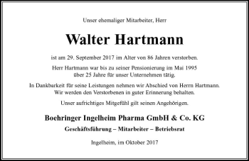 Traueranzeige von Walter Hartmann von Trauerportal Rhein Main Presse