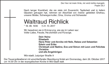 Traueranzeige von Waltraud Richlick von Trauerportal Rhein Main Presse