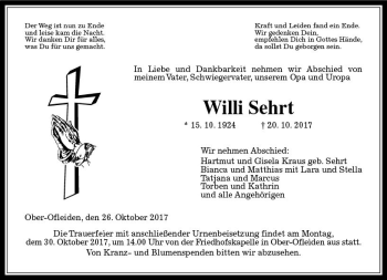 Traueranzeige von Willi Sehrt von VRM Trauer
