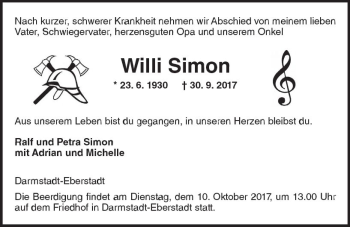 Traueranzeige von Willi Simon von Trauerportal Echo Online