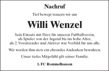 Traueranzeige von Willi Wenzel von  Kreisanzeiger