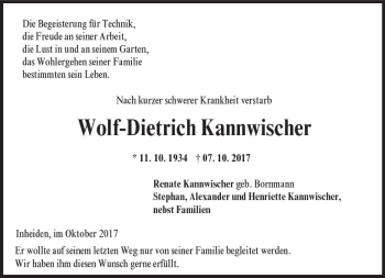 Traueranzeige von Wolf-Dietrich Kannwischer von  Gießener Anzeiger