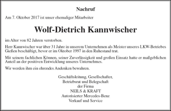 Traueranzeige von Wolf-Dietrich Kannwischer von  Gießener Anzeiger