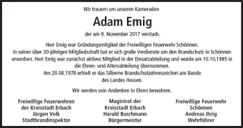 Traueranzeige von Adam Emig von Trauerportal Echo Online