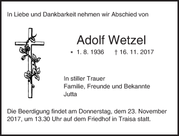Traueranzeige von Adolf Wetzel von Trauerportal Echo Online
