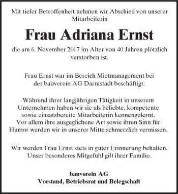Traueranzeige von Adriana Ernst von Trauerportal Echo Online