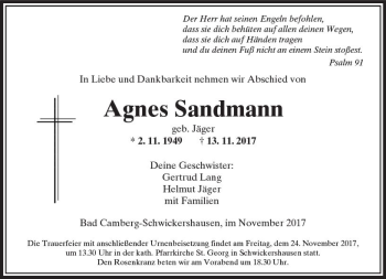 Traueranzeige von Agnes Sandmann von  Camberger Anzeiger