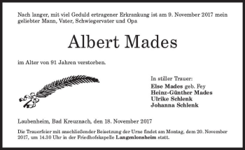 Traueranzeige von Albert Mades von Trauerportal Rhein Main Presse