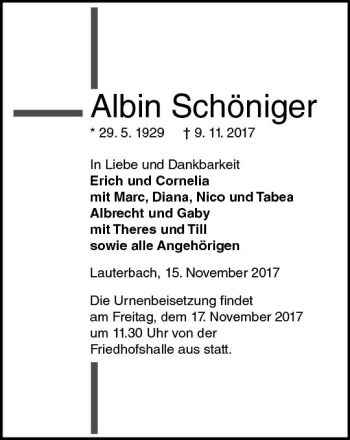 Traueranzeige von Albin Schöniger von VRM Trauer