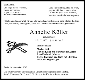 Traueranzeige von Annelie Köller von VRM Trauer